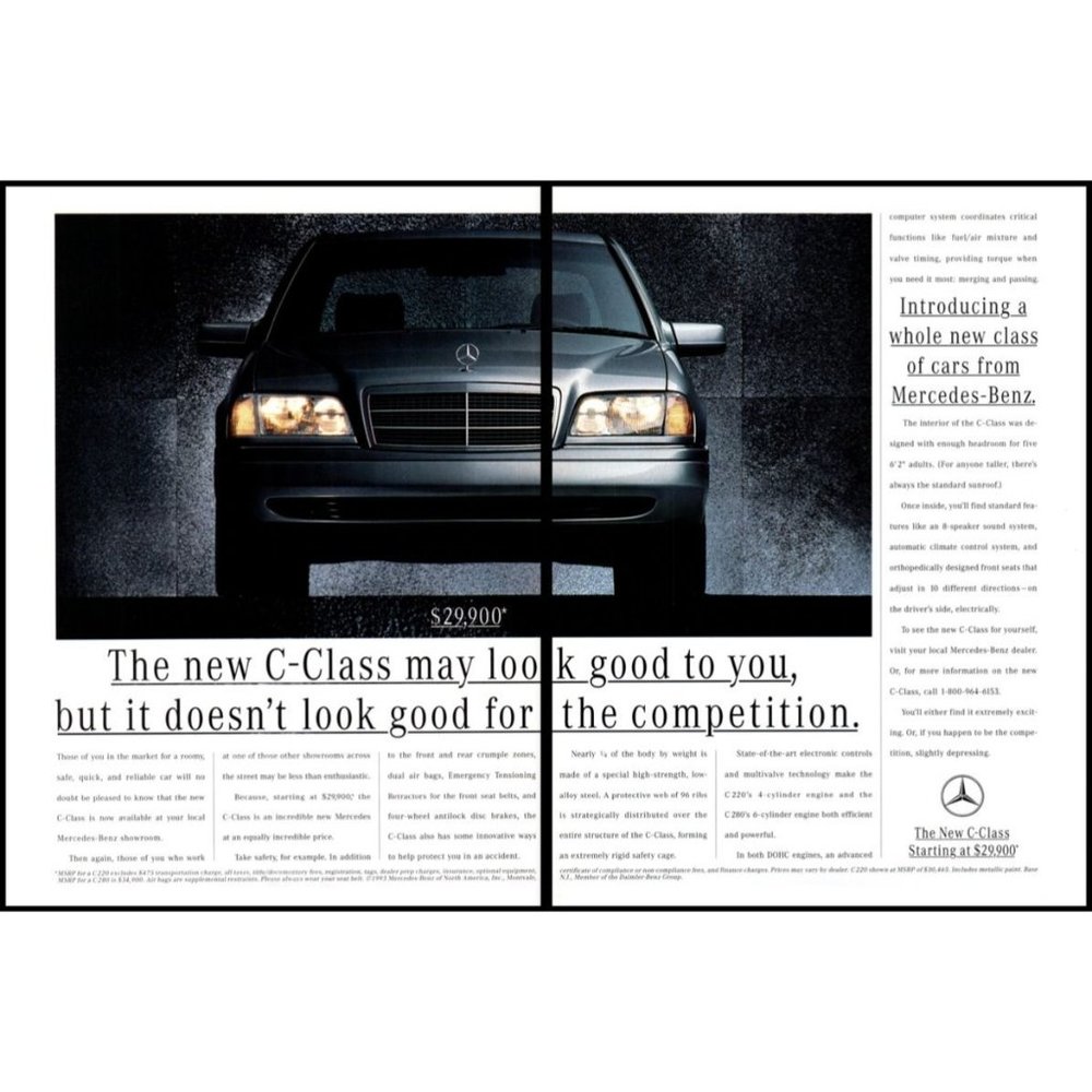 1994 Mercedes Benz C Class Sedan 2 Page Vintage Print Ad Headlights On Wall Art